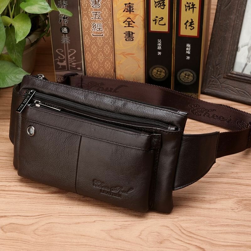 Men Multifunction Ultra-thin Multi-pocket Chest Bag Retro Casual 6.5 Inch Phone Bag Cowhide Crossbody Bags Shoulder