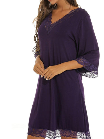 Women's Pajamas Robes Gown Nightgown Nighty Pure Color Simple Comfort Home Daily Bed Cotton Breathable Gift V Wire Long Sleeve Dress Fall Spring Purple Wine