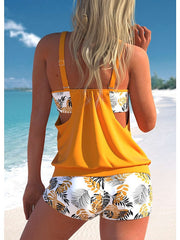 Women's Swimwear Tankini 2 Piece Plus Size Swimsuit 2 Piece Printing Leopard Floral Light Blue Black Navy Blue Blue Orange Tank Top High Neck Bathing Suits Sports Summer