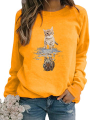 Women Cartoon Animal Cat Print Pullover Long Sleeve Cute Sweatshirts