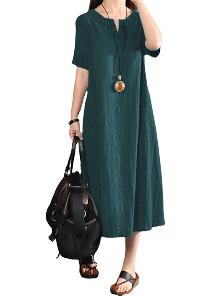 Women Vintage V Neck Short Sleeve Cotton Maxi Dress