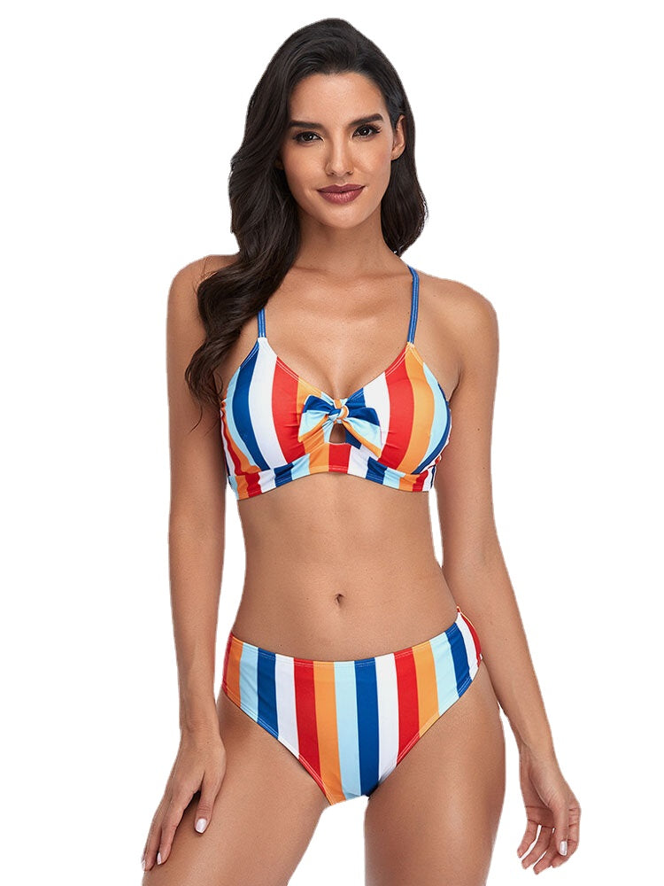 Women Stripe Print Spaghetti Straps Knotted Hawaii Bikini Swimsuit