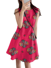 Flower Print Cotton Round Neck Sleeveless Casual Midi Dress