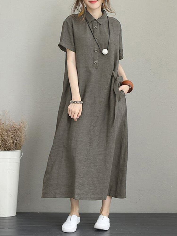 Women Casual Button Down Casual Loose Short Sleeve Dress with Pockets