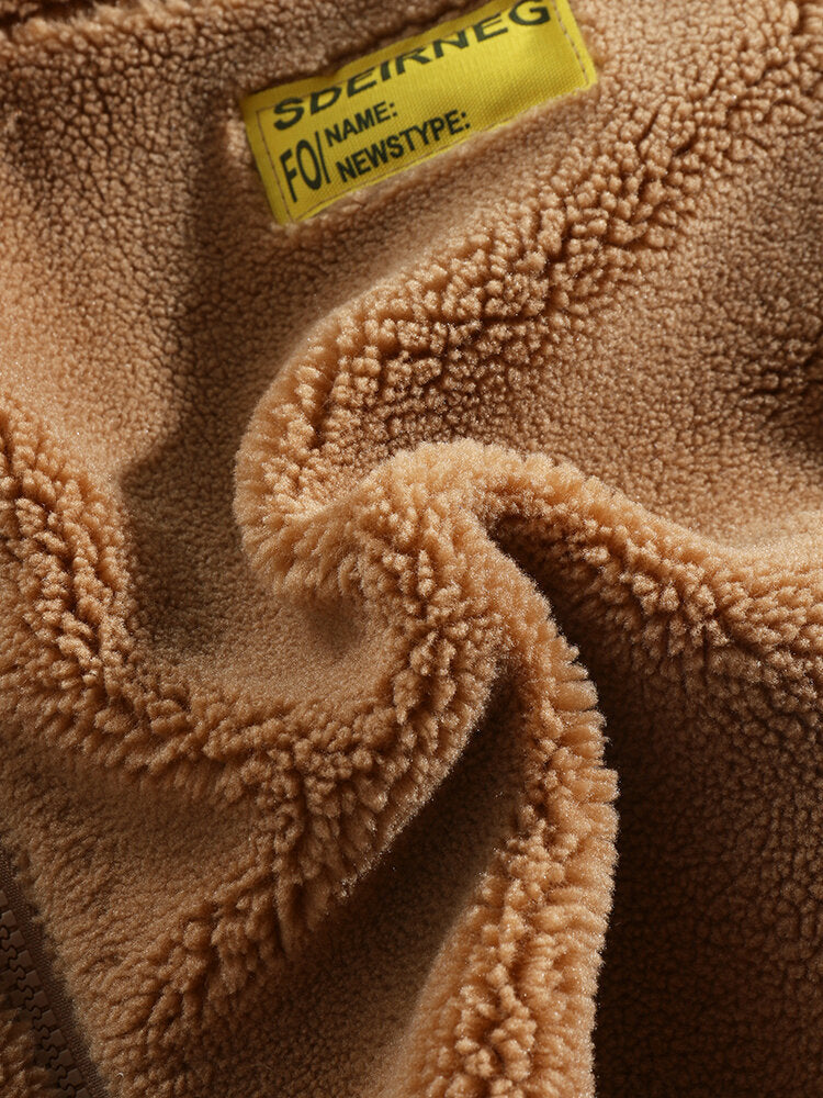 Mens Letter Applique Fleece Warm Plush Thick Jacket With Pocket