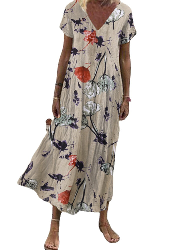 Women V-Neck Floral Printed Bohemian Leisure Casual Loose Dress