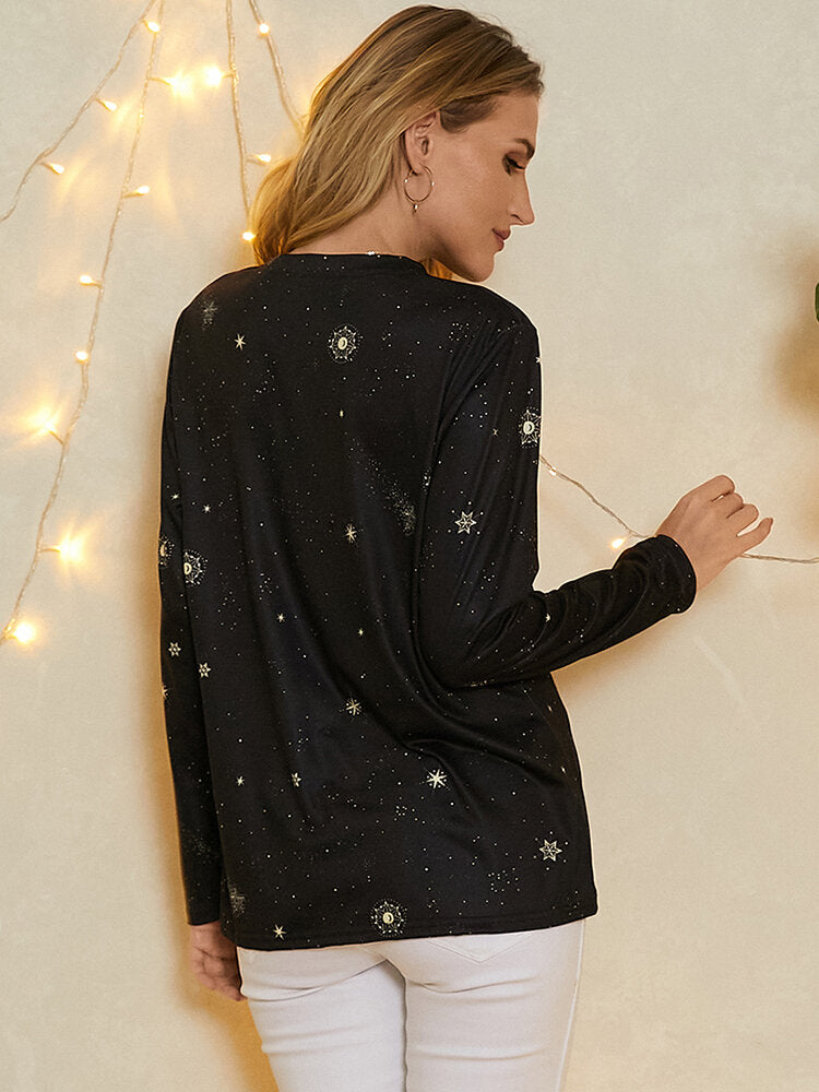 Women Pisces Print Stars Moon O-neck Long Sleeve Casual T-Shirt