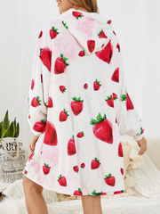 Women Cute Strawberry Print Thicken Blanket Hoodie Oversized Robes With Kangaroo Pocket
