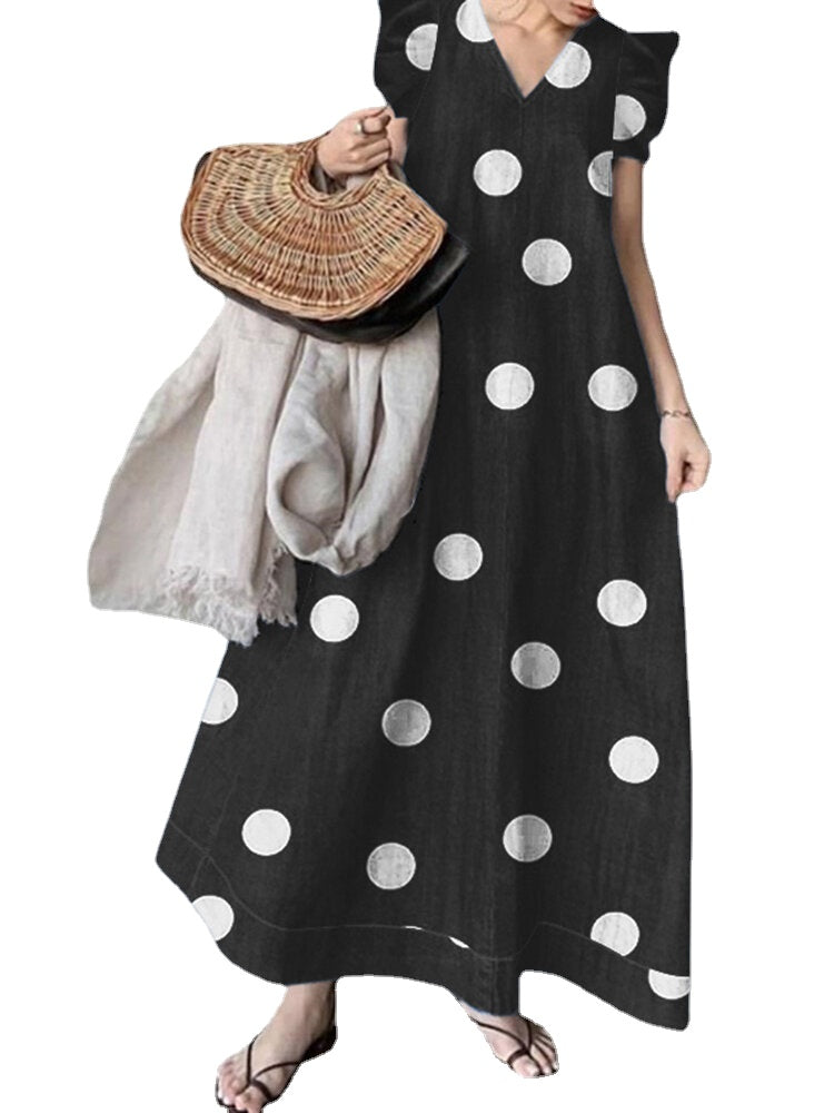 Polka Dot Sleeveless Ruffle V Neck Maxi Dress