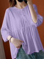 Solid Loose Button Ruched 3/4 Sleeve Round Neck Blouse