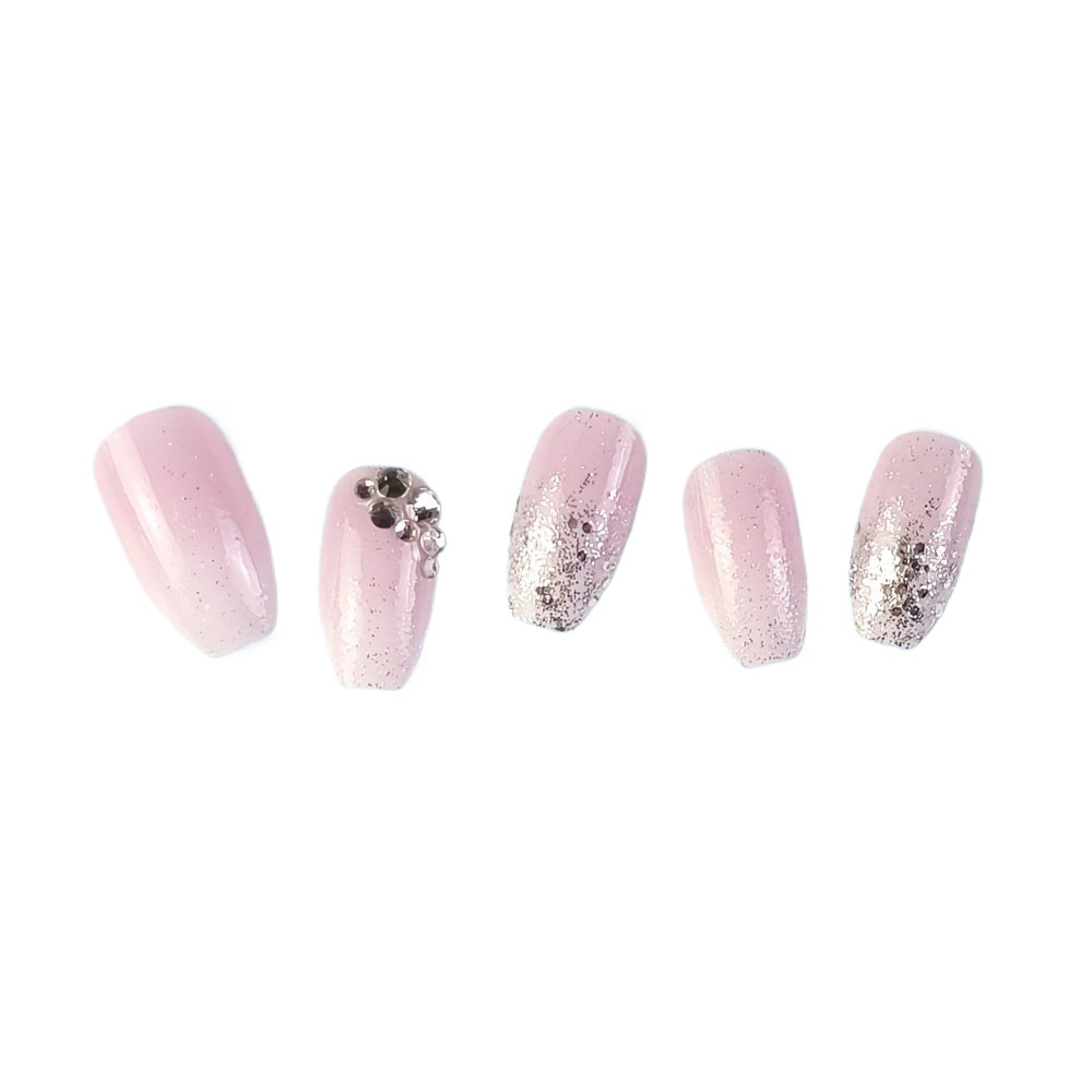 Luxurious 24-Piece Pink & White French-Tip Coffin Press-On Nails with Rhinestones - Glossy Finish for Special Occasions