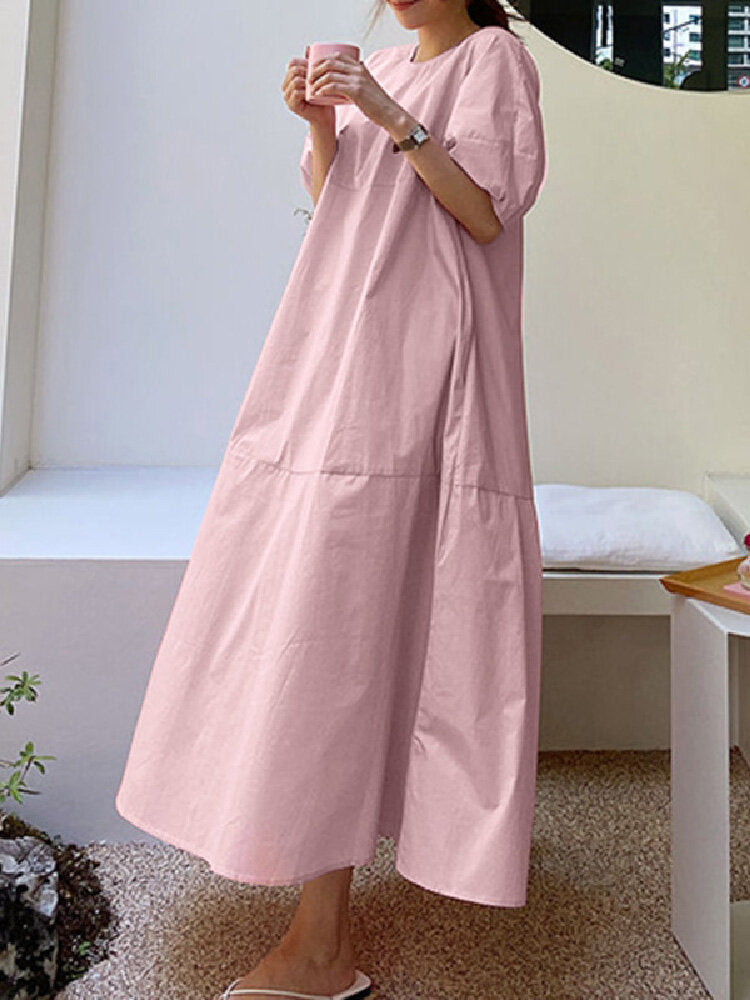 Solid Color O-neck Puff Sleeve Plain Casual Side Pocket Holiday Maxi Dress