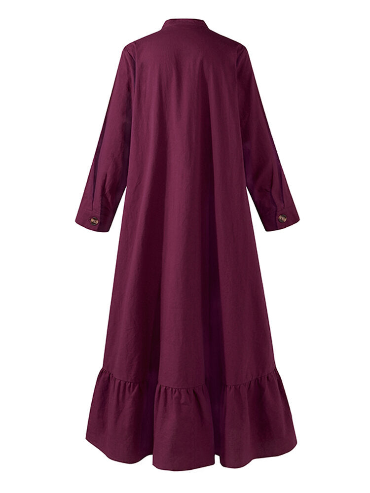 Women Solid Color Cotton Long Sleeve Ruffle Casual Loose Maxi Dress