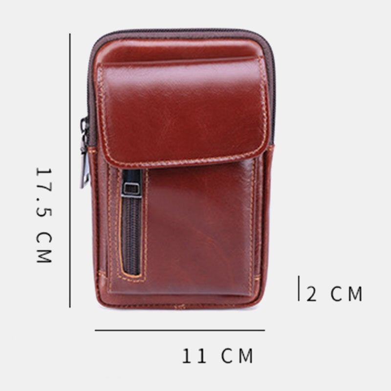 Men Flap-Over Front Zipper Pocket Belt Bag Sport Casual 6.3 Inch Phone Genuine Leather Waist