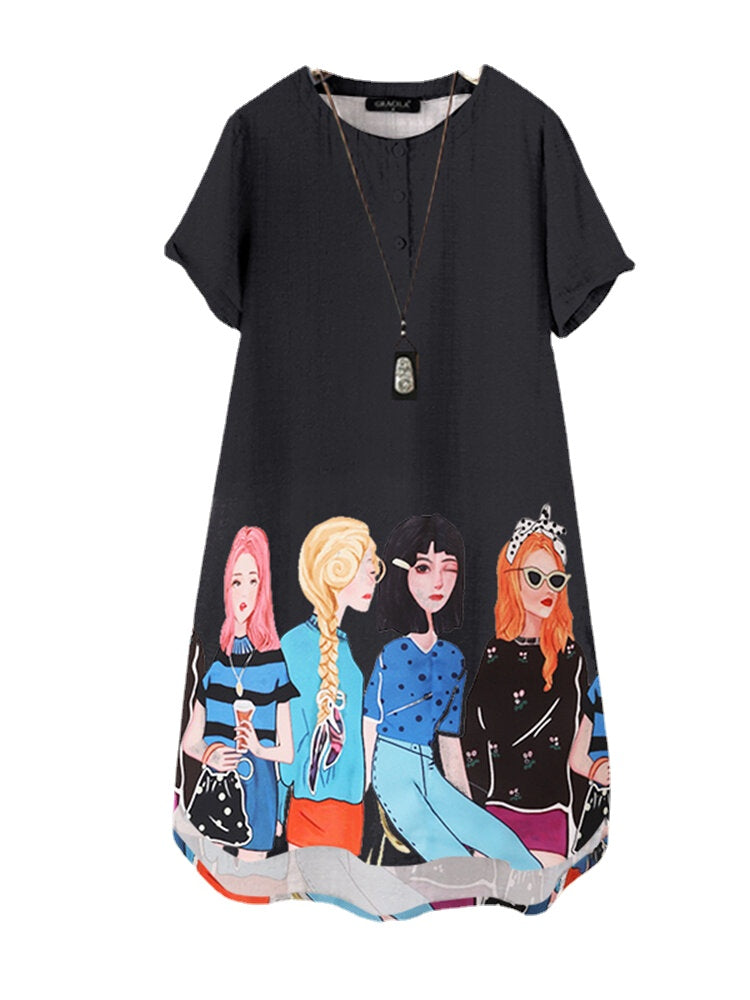Cartoon Girls Graphic Pocket Short Sleeve Button Dress