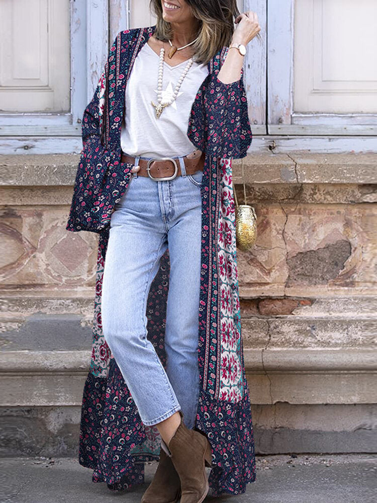 Bohemian Floral Print Tie Waist 3/4 Sleeve Loose Kimono
