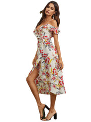 Slit Hem Random Floral Print Off Shoulder Casual Midi Dress