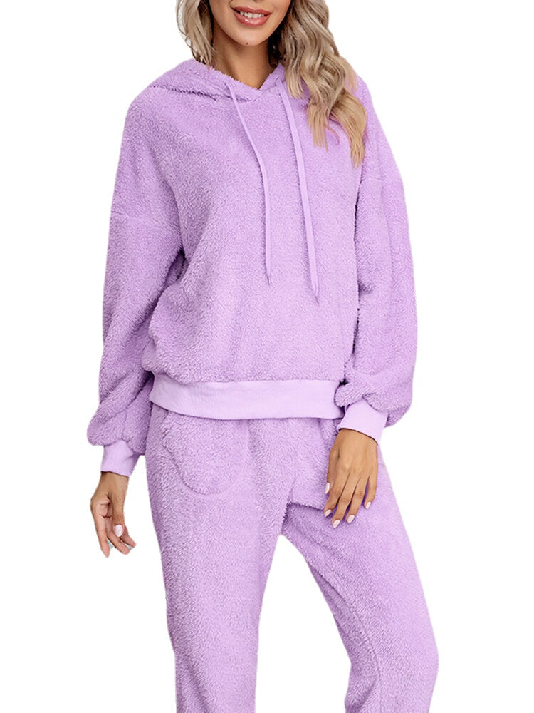 Women Fleece Thick Solid Color Pullover Hoodie Jogger Pants Home Casual Pajamas Set