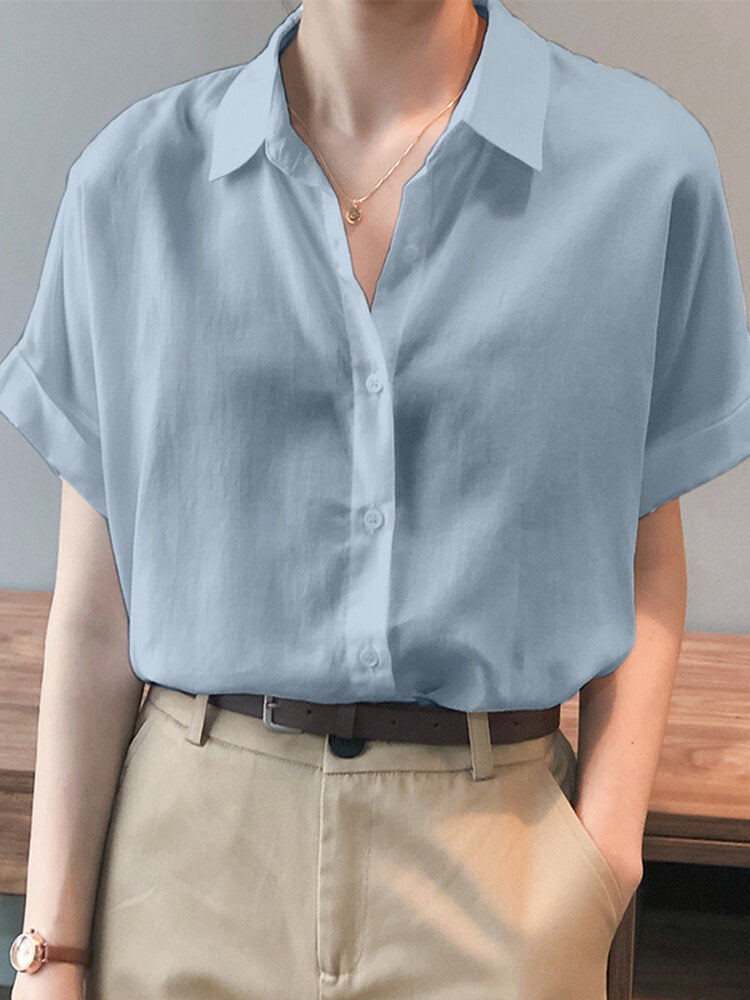 Solid Button Lapel Roll Sleeve Short Sleeve Casual Shirt