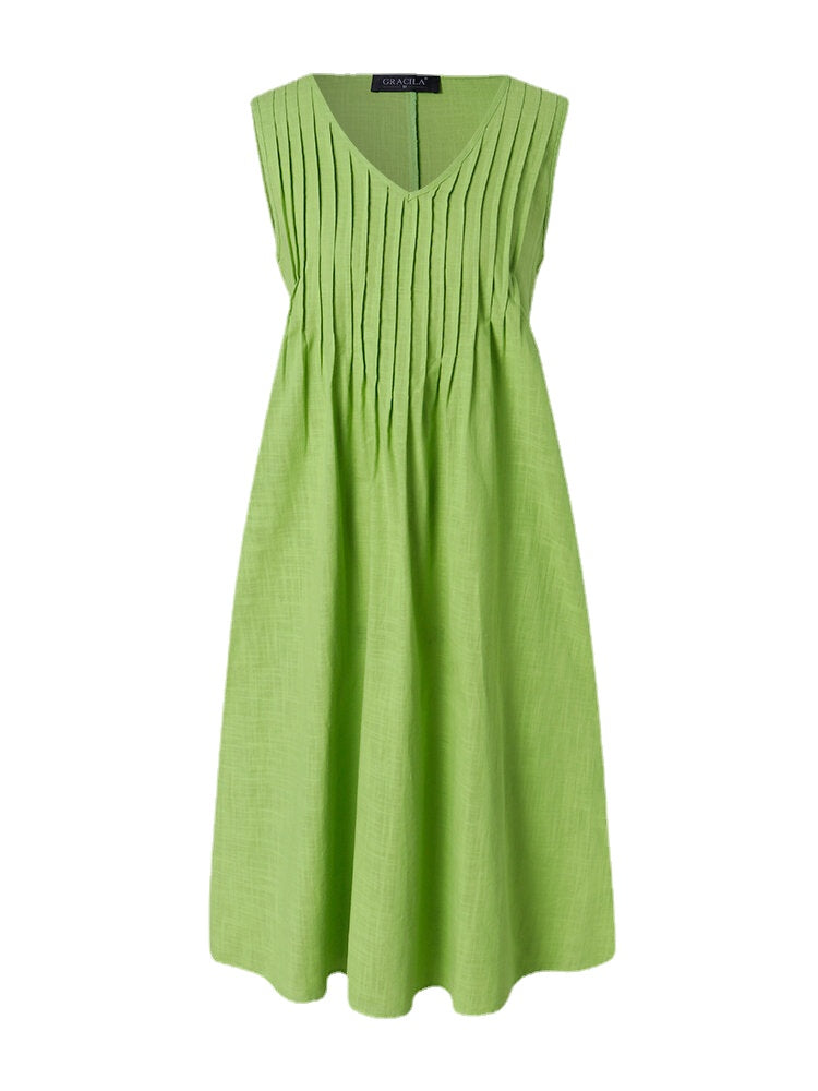 Solid Color Pleated V-Neck Sleeveless Casual Midi Dress With Pocket