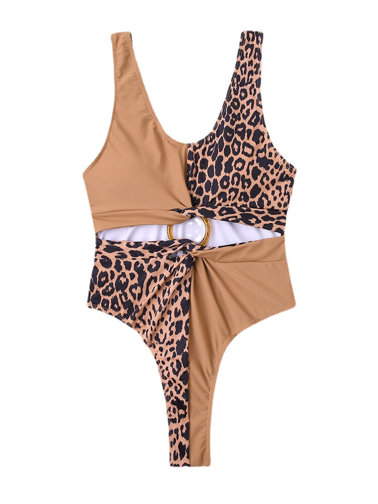 Women Leopard Patchwork Solid Color Bikini One Piece Cut Out Slimming Swimwear