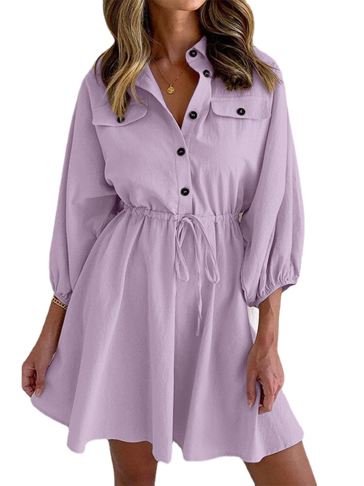 Solid Drawstring Button Lapel 3/4 Sleeve Shirt Dress