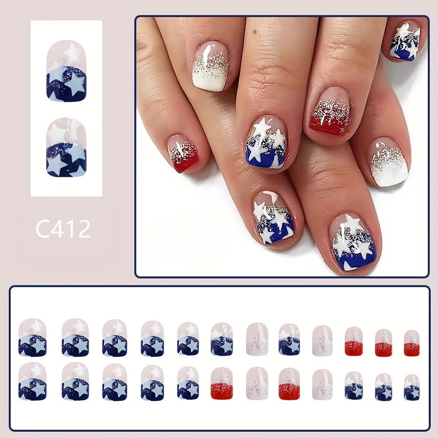 24pcs 4th of July Nail Art Set - Flag & Star Designs - Quick-Apply Short Square Nails for Women & Girls