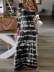 Tie Dye Stripe Print Long Sleeve Casual Loose Maxi Dress