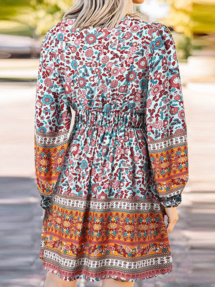 Ethnic Print Patchwork Lantern Sleeve Elastic Waist Midi Dress