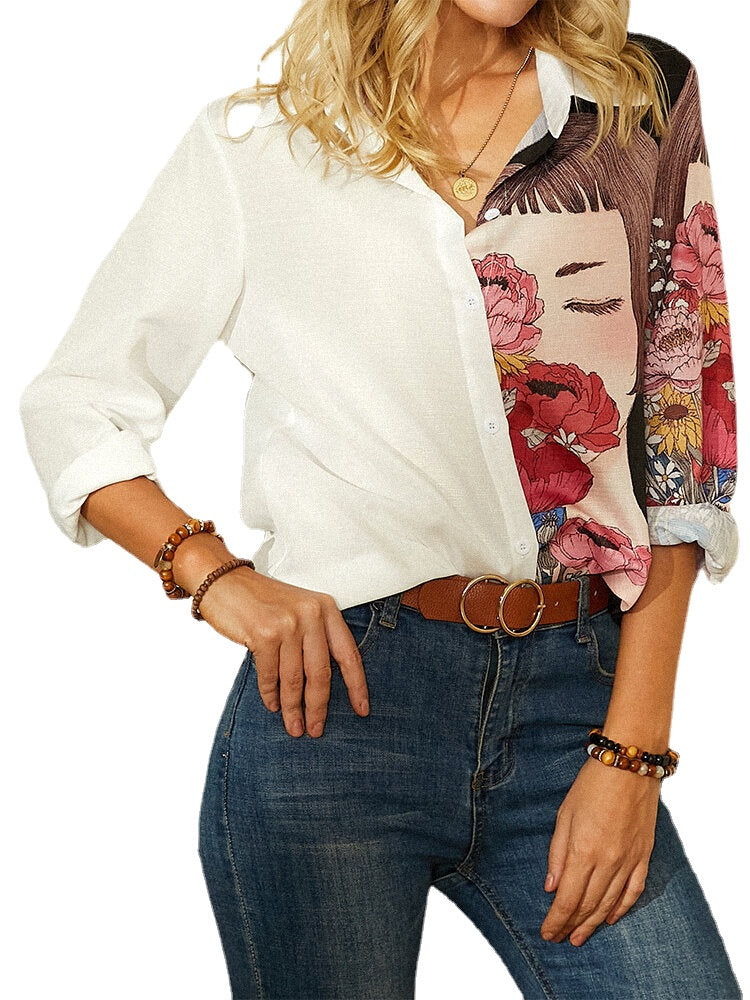 Women Girl Figure Flower Print Patchwork Lapel Collar Long Sleeve Button Up Shirts