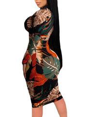 Women Plant Leaves Print Long Sleeve Zipper Elegant Midi Dress