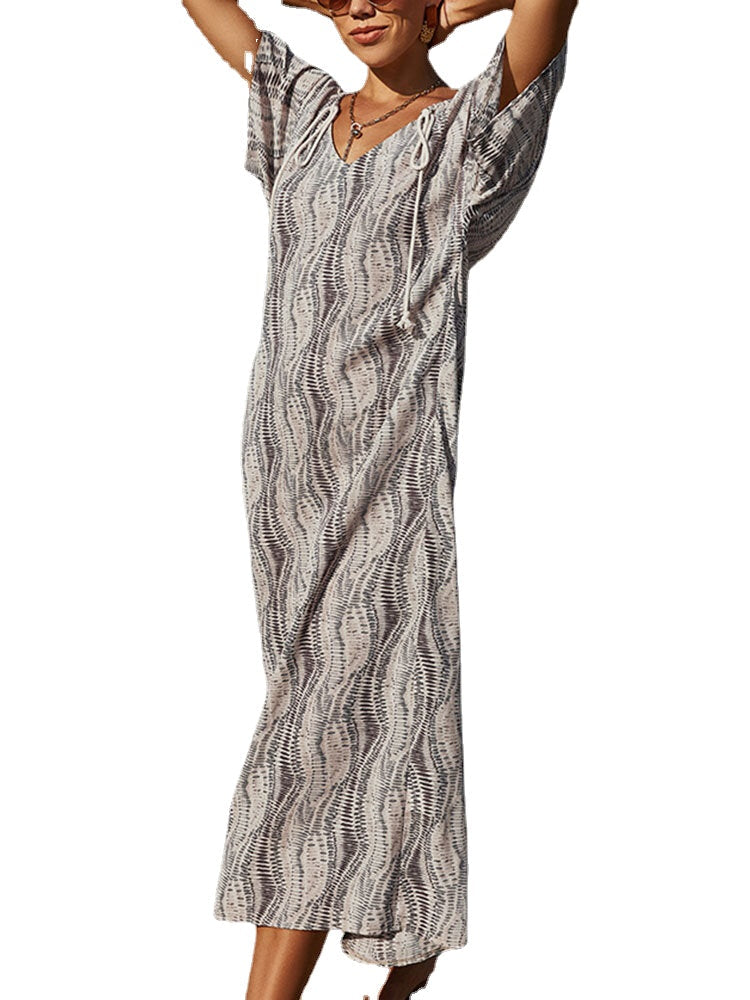 Vintage Stripe V-neck Short Sleeve Holiday Casual Maxi Dress