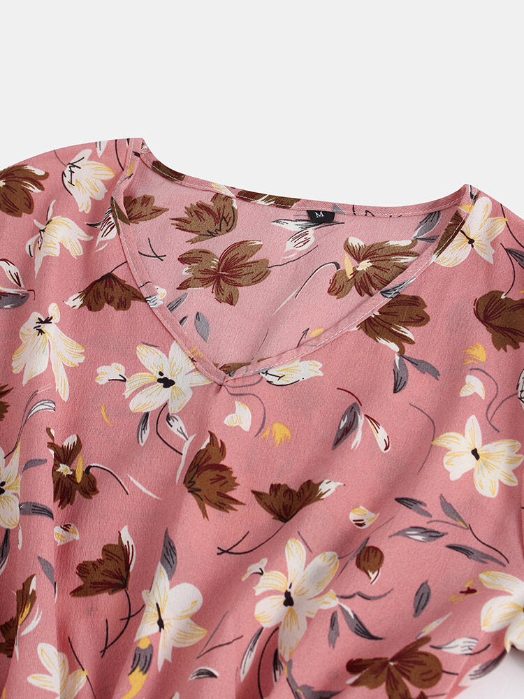Long Sleeved V-neck Floral Print Chiffon Mini Dress