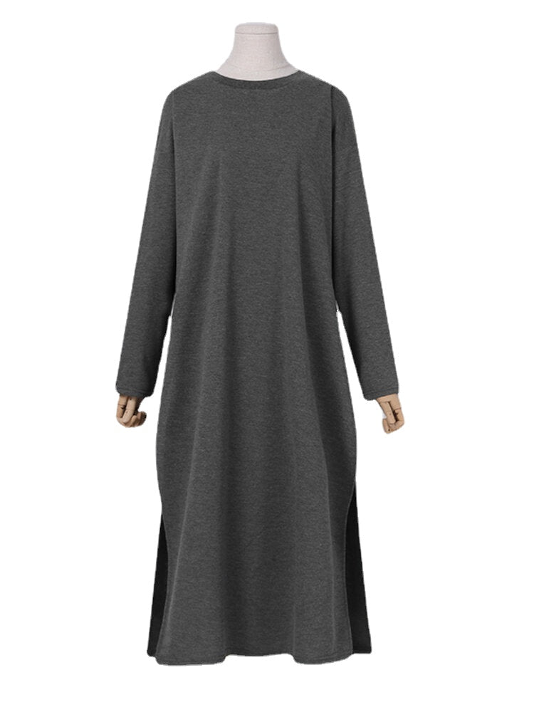 Women Side Fork Sweatshirt O-Neck Calf Length Solid Midi Dresses