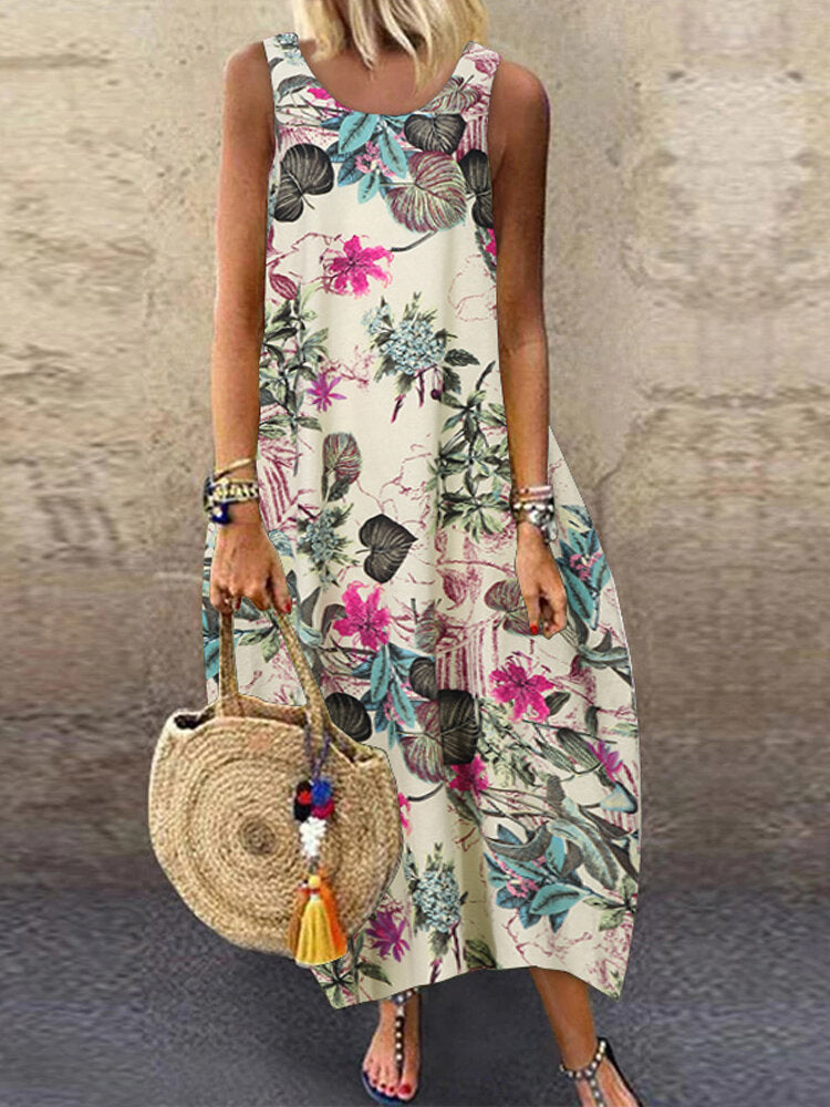 Sleeveless O-neck Loose Causal Floral Print Maxi Dress