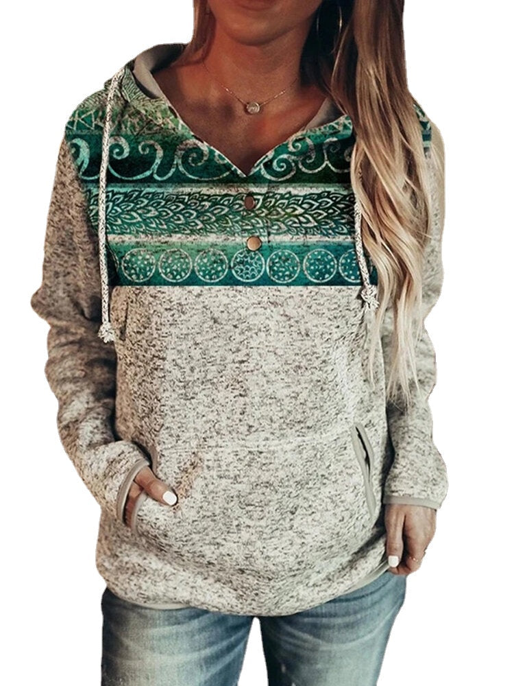 Women Ethnic Style Print Gypsy Patchwork Half Button Up Fleece Pullover Hoodie