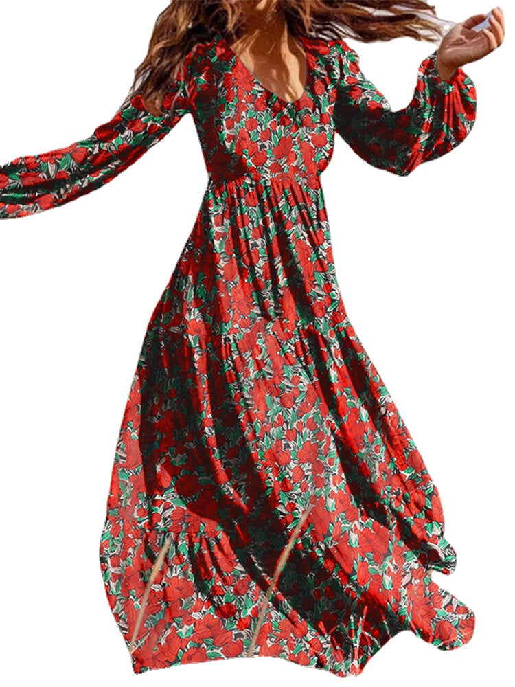 Floral Print V-neck Long Sleeve Invisible Zip Maxi Dress