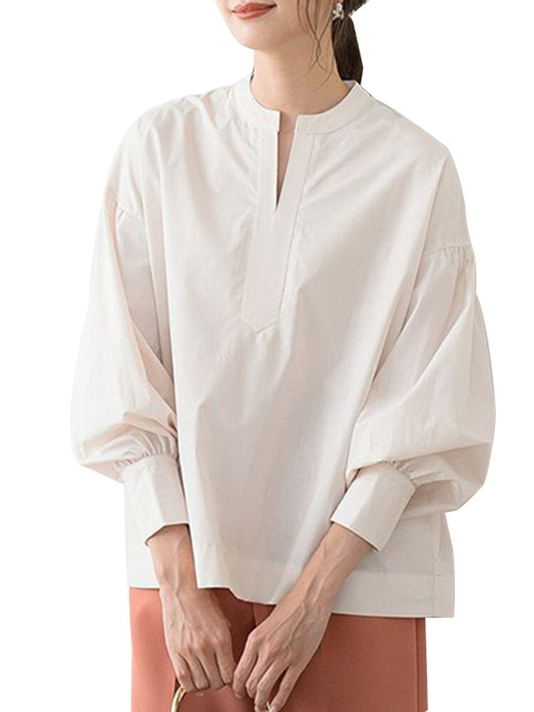 Women Solid Pleating Loose Daily Stand Collar Long Sleeve Shirts