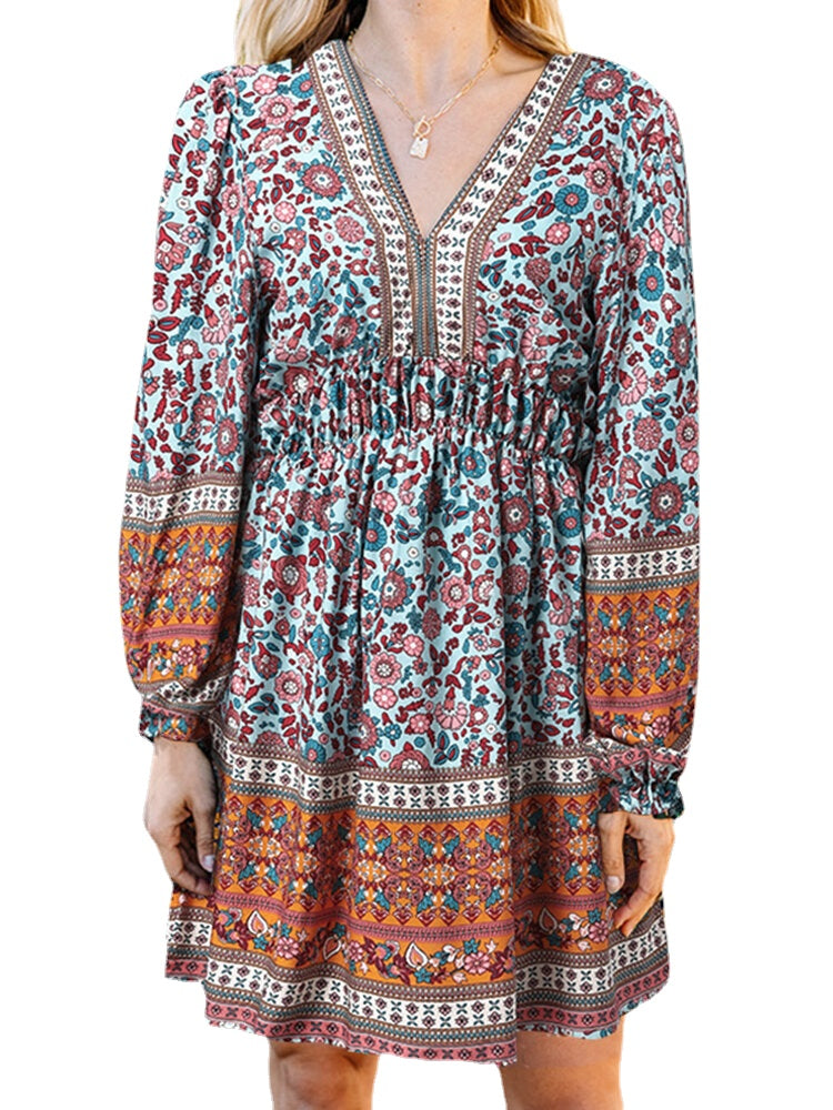 Ethnic Print Patchwork Lantern Sleeve Elastic Waist Midi Dress