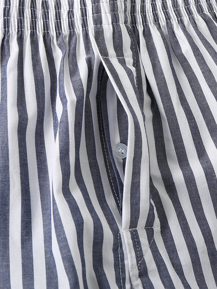 Mens 100% Cotton Basic Striped Breathable Loose Fit Home Lounge Shorts Boxers With Pocket