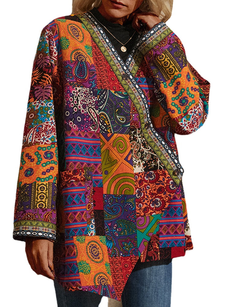 Women Retro Floral Print Patchwork Long Sleeve Irregular Cotton Ethnic Style Vintage Cardigans