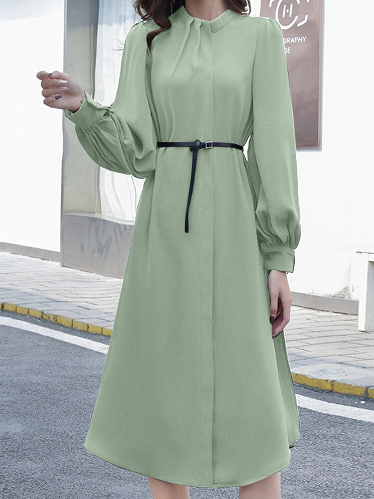 Solid Color Long Sleeve O-neck Puff Dress