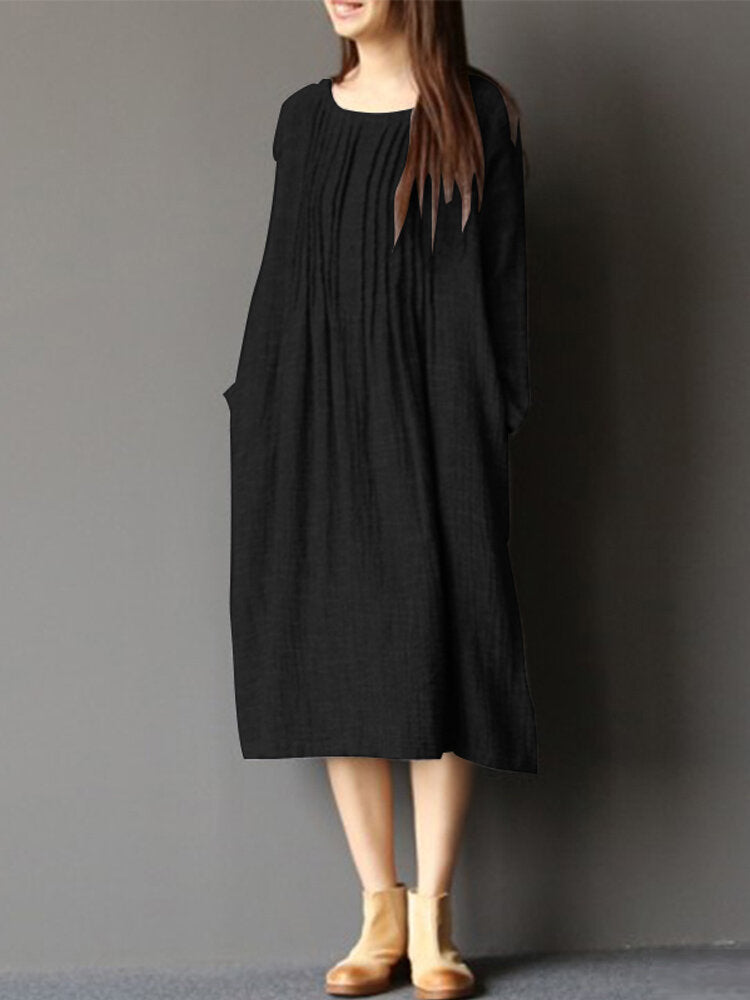 Women Long Sleeve Crew Neck Loose Casual Solid Pleated Dress