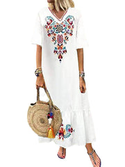 Bohemian Floral Print V-neck Flare Half Sleeve Beach Maxi Dress