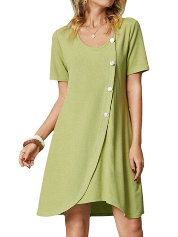 Button Solid Color Short Sleeve O-neck Casual Dress For Women