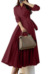 Solid Pleated Tie Long Sleeve Lapel A-line Shirt Dress