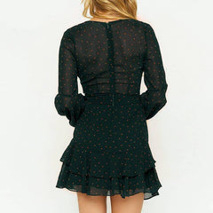 Polka Dot Pink Ruffle Mesh Long Sleeve Vintage Dresses