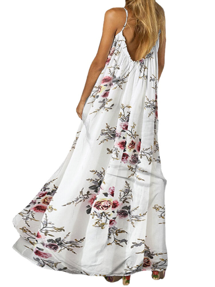 Chiffon Sleeveless Straps Loose Holiday Floral Summer Maxi Dress