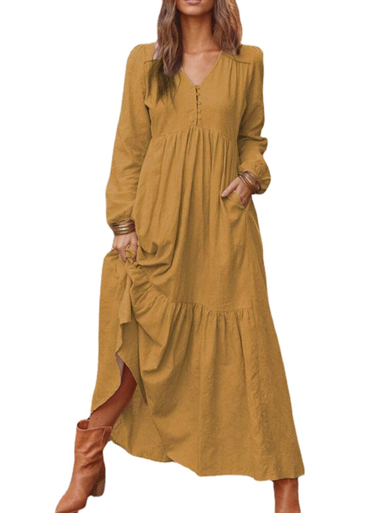 Women Solid Color O-neck Casual Maxi Dress