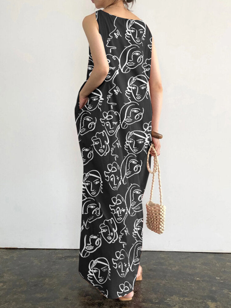 Sleeveless Print Pocket Round Neck Pattern Figure Maxi Dress